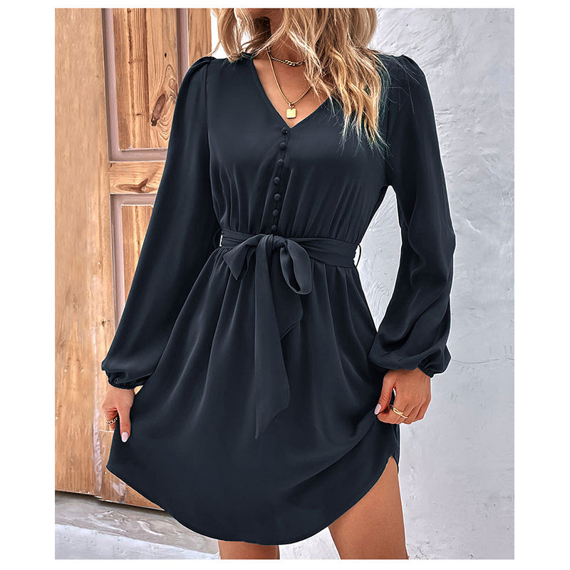 Navy Blue V-Neck Puff Sleeve Belted Fit & Flare Dress