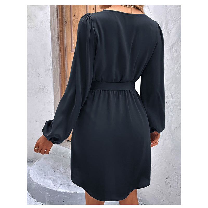 Navy Blue V-Neck Puff Sleeve Belted Fit & Flare Dress