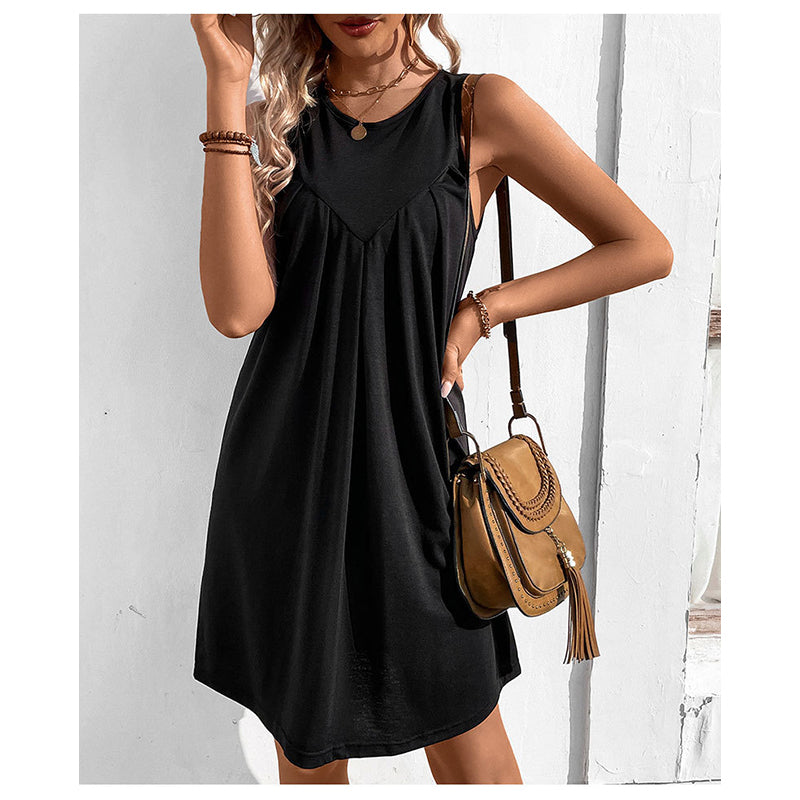 Round Neck Sleeveless Gathered or Pleated A Line Dress