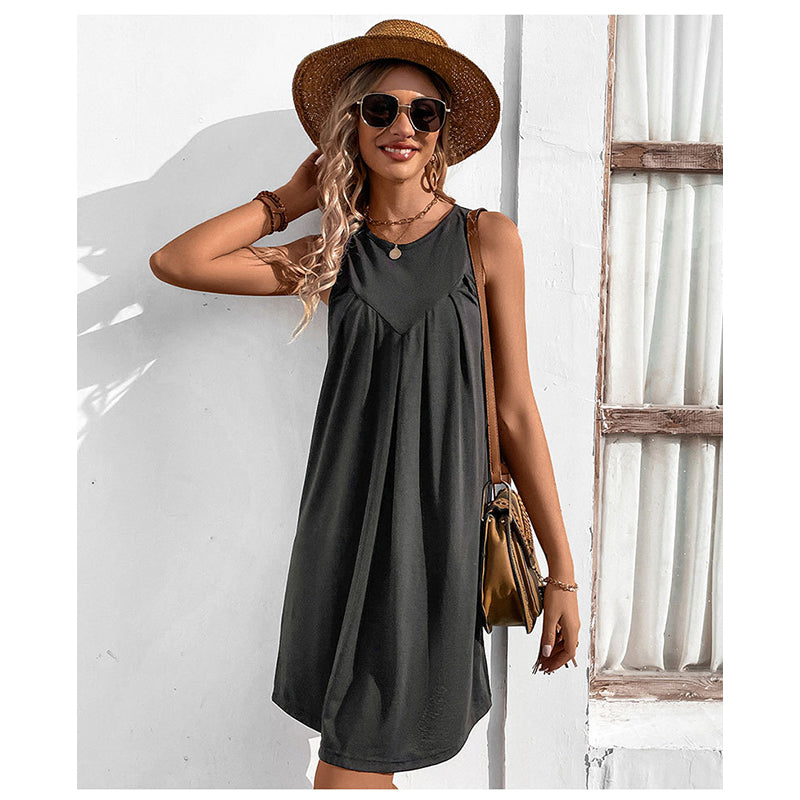Round Neck Sleeveless Gathered Styling A line Dress