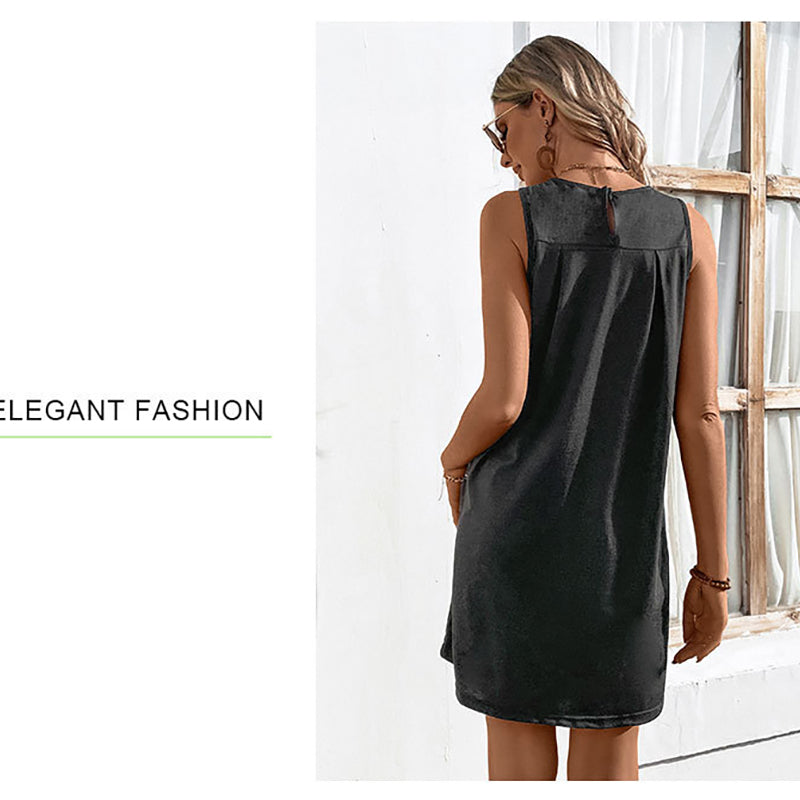 Round Neck Sleeveless Gathered Styling A line Dress