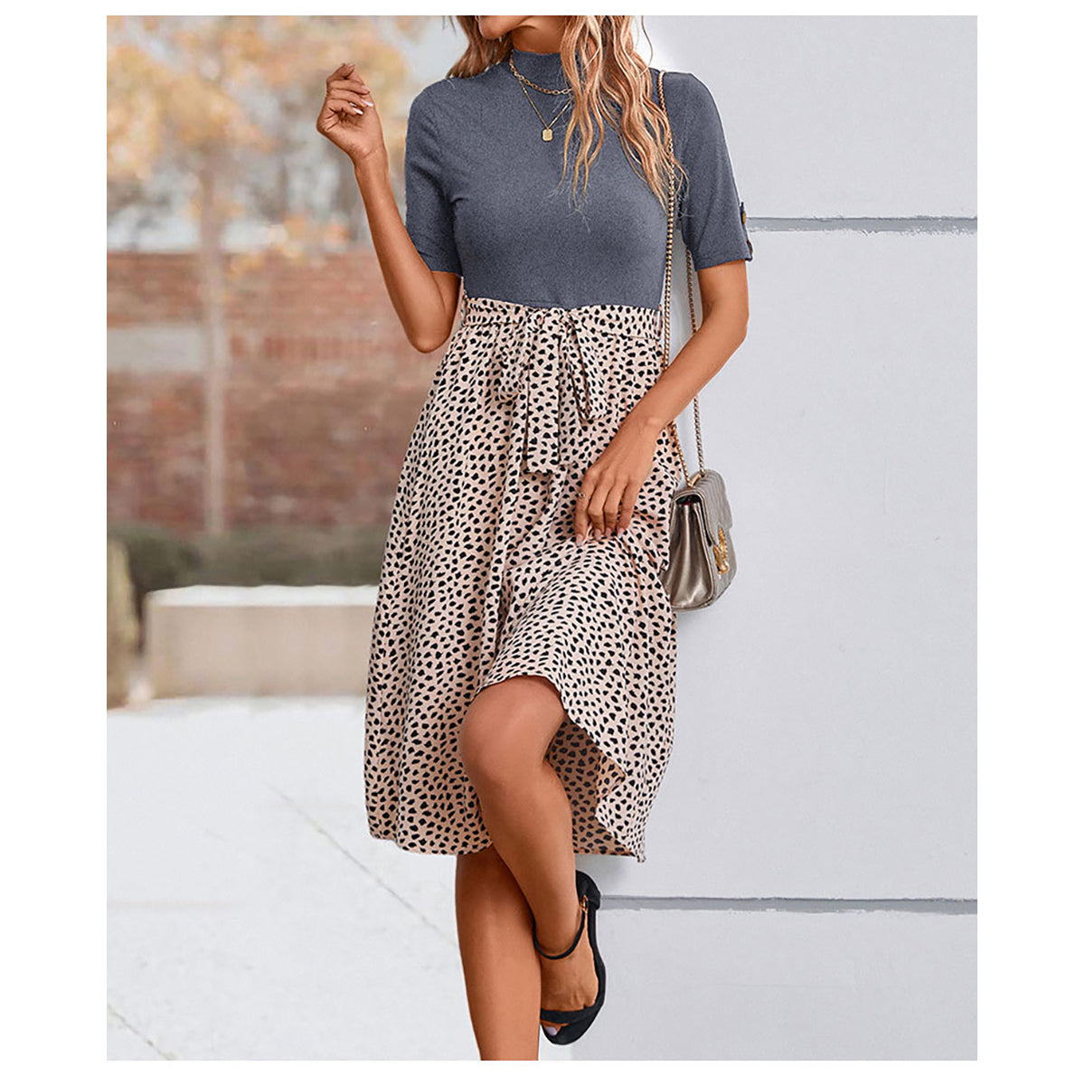 Grey Animal Printed Midi A-Line Dress