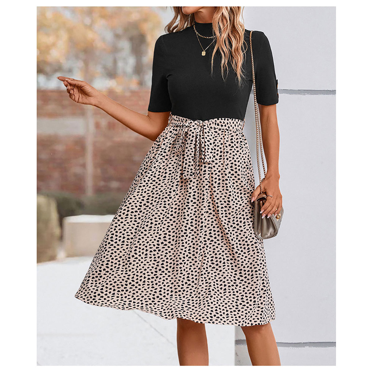 Black & Beige Abstract Printed High Neck Fit & Flare Dress