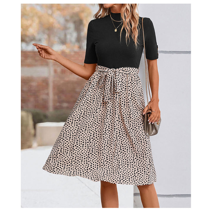 Black & Beige Abstract Printed High Neck Fit & Flare Dress