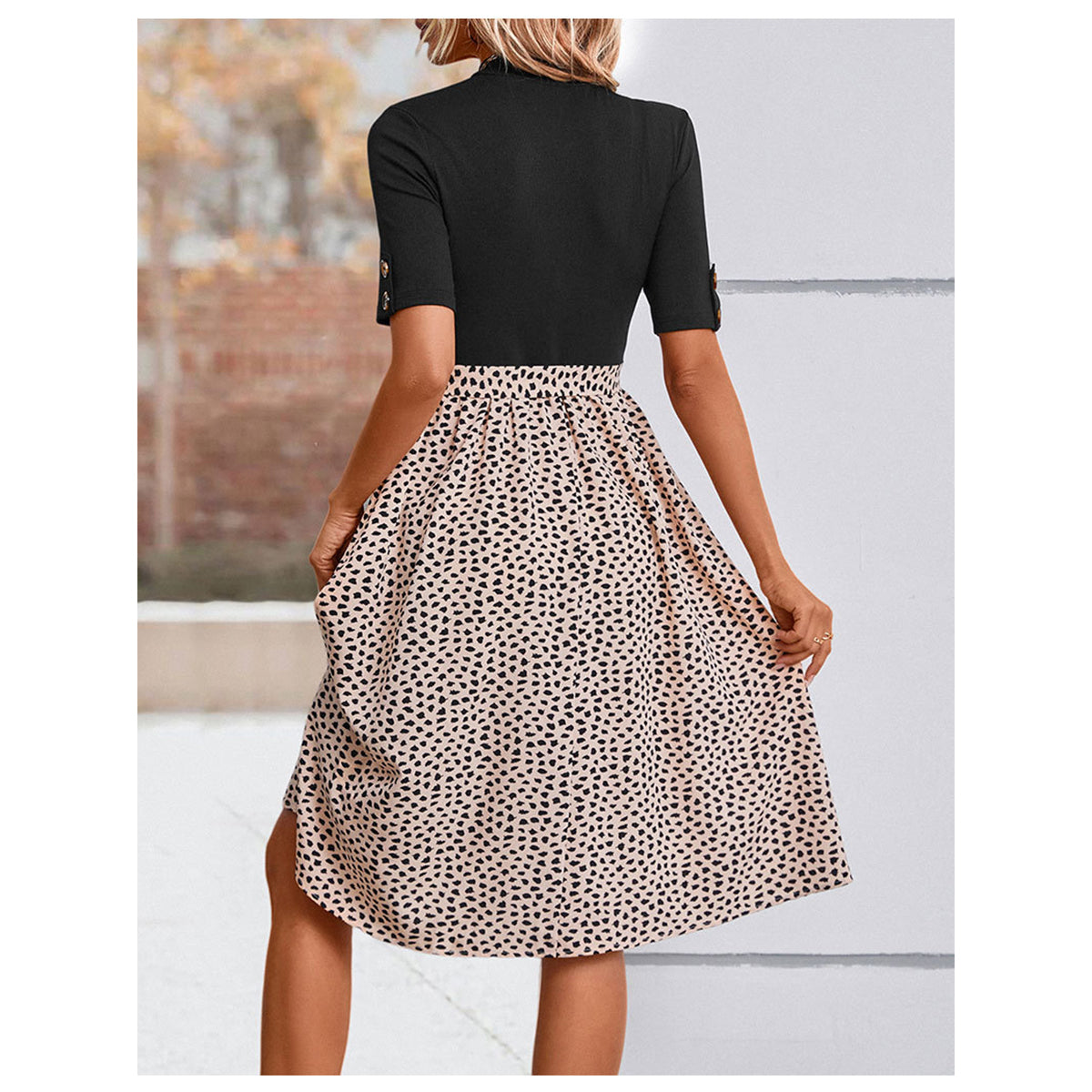 Black & Beige Abstract Printed High Neck Fit & Flare Dress