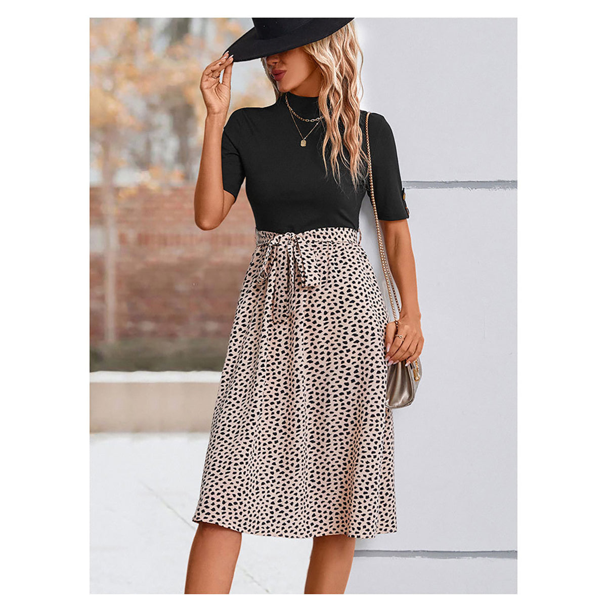 Black & Beige Abstract Printed High Neck Fit & Flare Dress