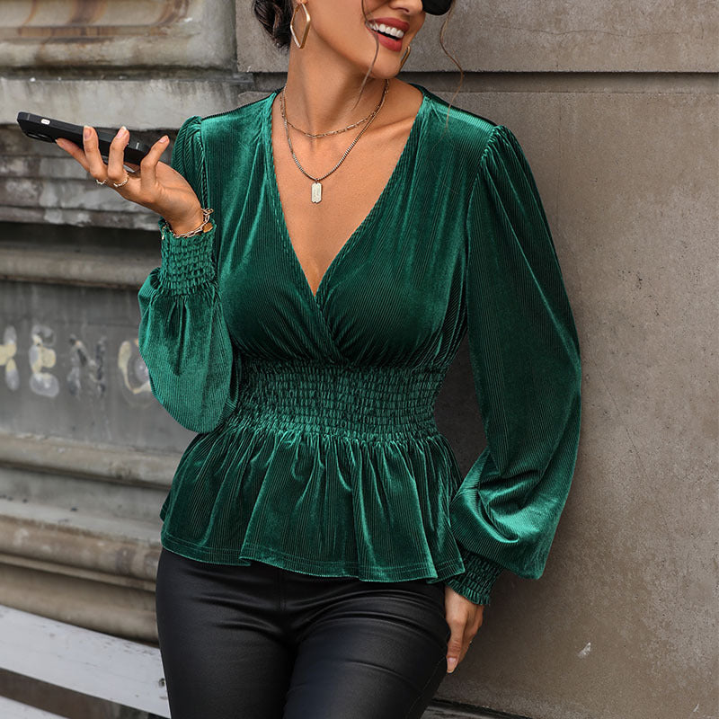 Green Puff Sleeves Peplum Top
