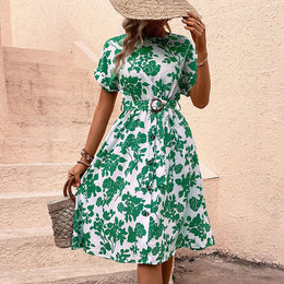 Green Round Neck Floral Print Fit & Flare Dress