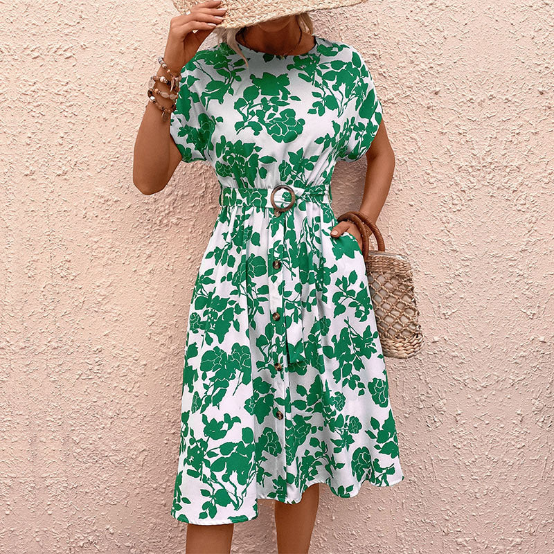 Green Round Neck Floral Print Fit & Flare Dress