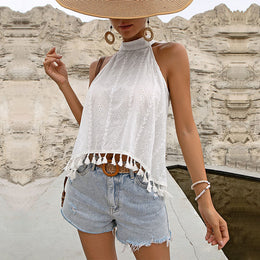 White Halter Neck Fringed Top