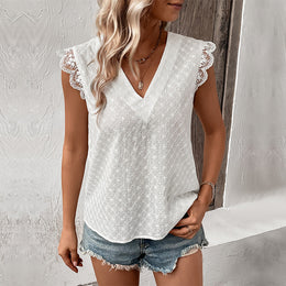 White V-Neck Self Design Top