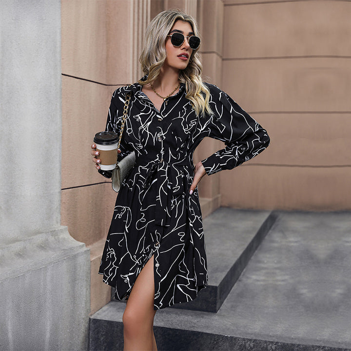 Black Abstract Printed Shirt Collar Wrap Dress