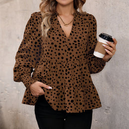 Brown Animal Printed V-Neck Long Sleeve Tiered Top