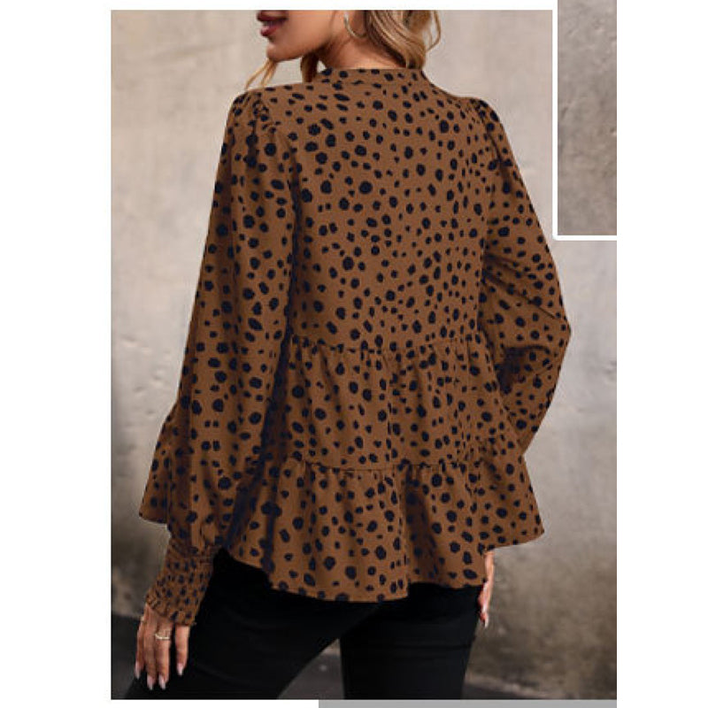 Brown Animal Printed V-Neck Long Sleeve Tiered Top