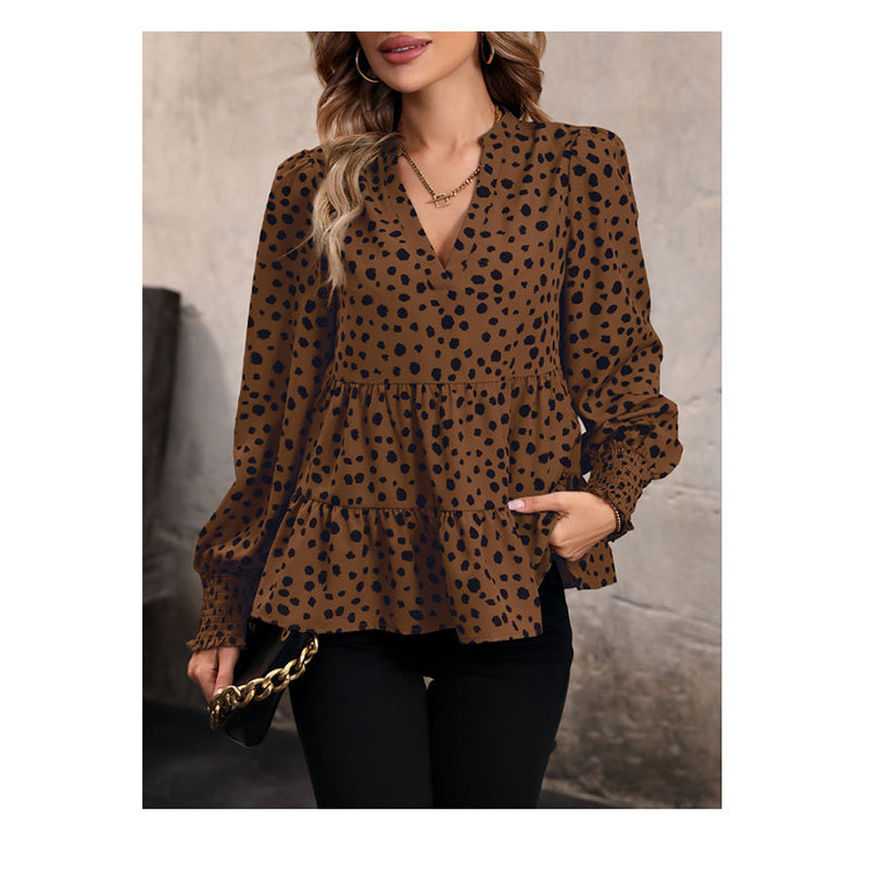 Brown Animal Printed V-Neck Long Sleeve Tiered Top