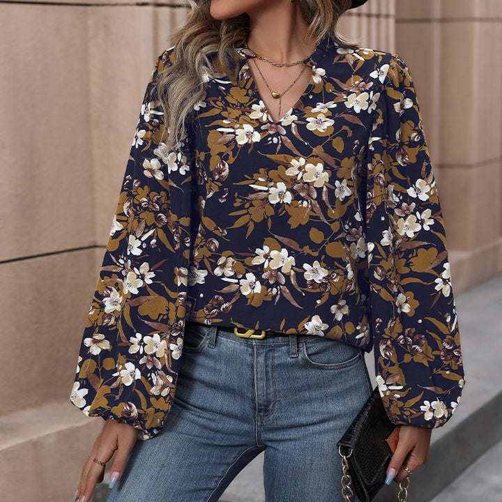 Navy Blue Floral Printed Ruffled Georgette Top
