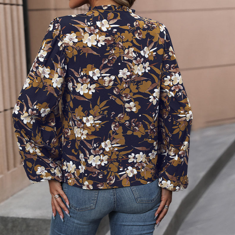 Navy Blue Floral Printed Ruffled Georgette Top
