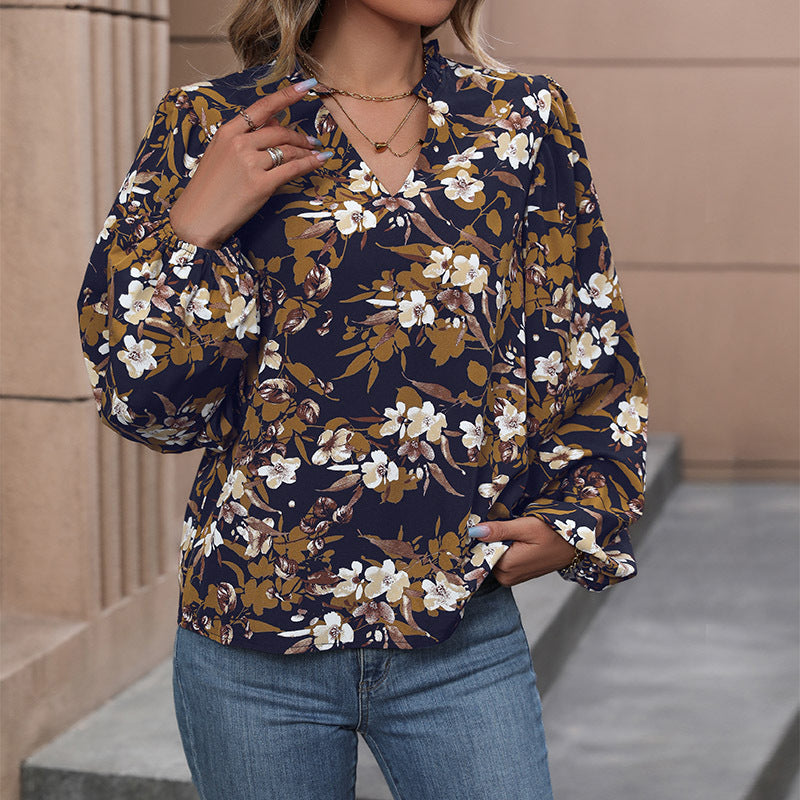 Navy Blue Floral Printed Ruffled Georgette Top