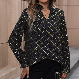 Black Geometric Printed Smocking Georgette Top