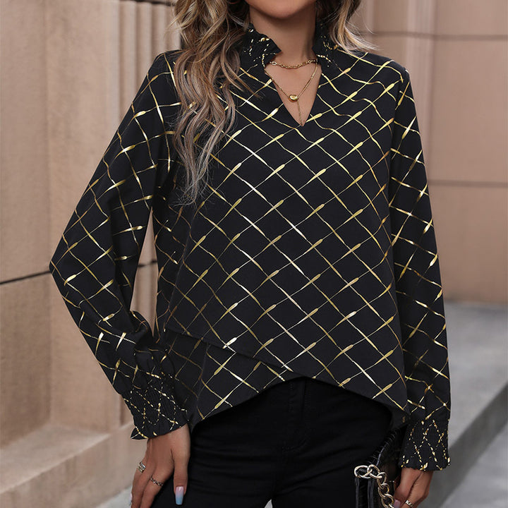Black Geometric Printed Smocking Georgette Top
