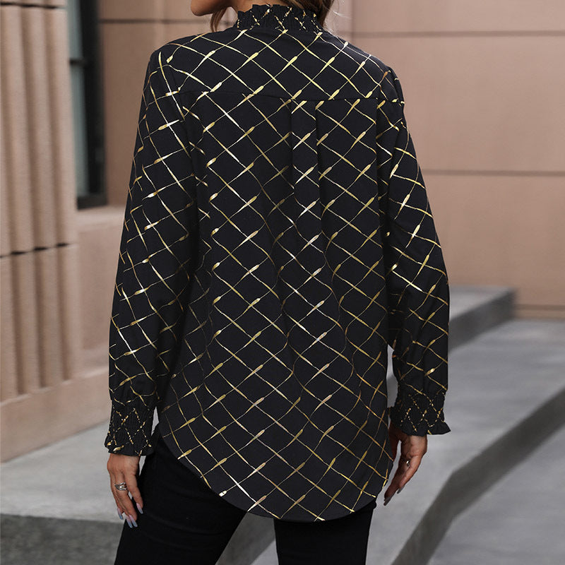 Black Geometric Printed Smocking Georgette Top
