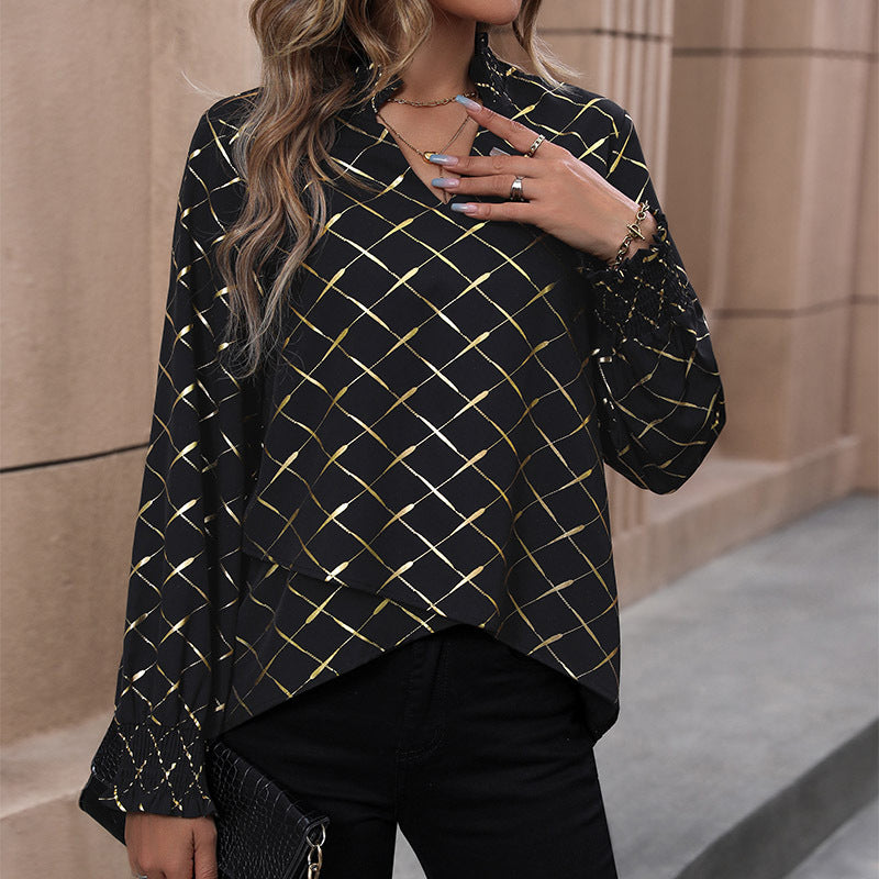 Black Geometric Printed Smocking Georgette Top