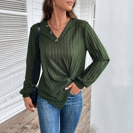 Green Vertical Stripes V-Neck Long Sleeves Regular Top