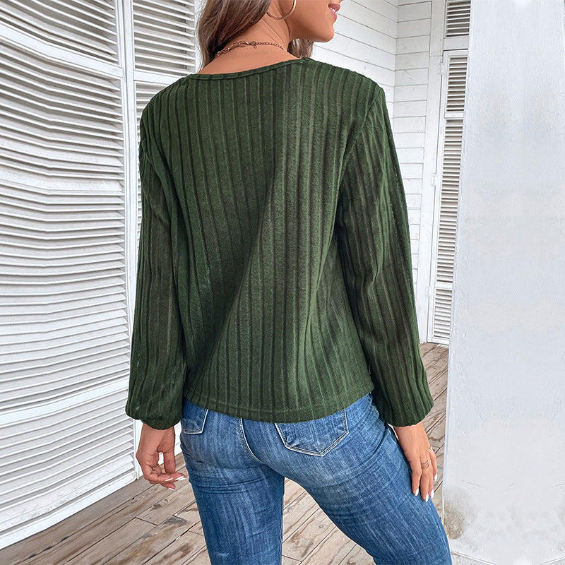 Green Vertical Stripes V-Neck Long Sleeves Regular Top