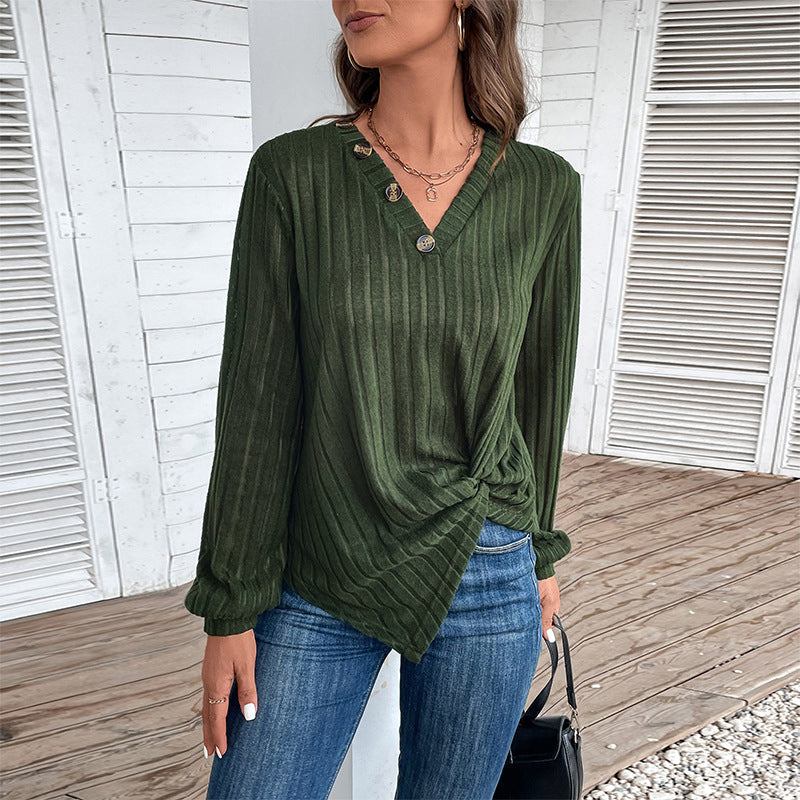 Green Vertical Stripes V-Neck Long Sleeves Regular Top