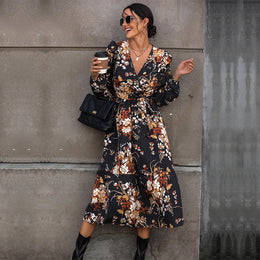 Black Floral Print Midi Fit and Flare Dress
