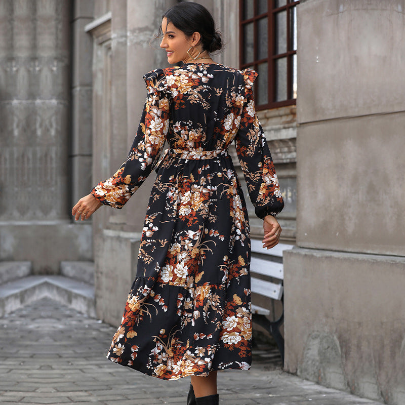 Black Floral Print Midi Fit and Flare Dress