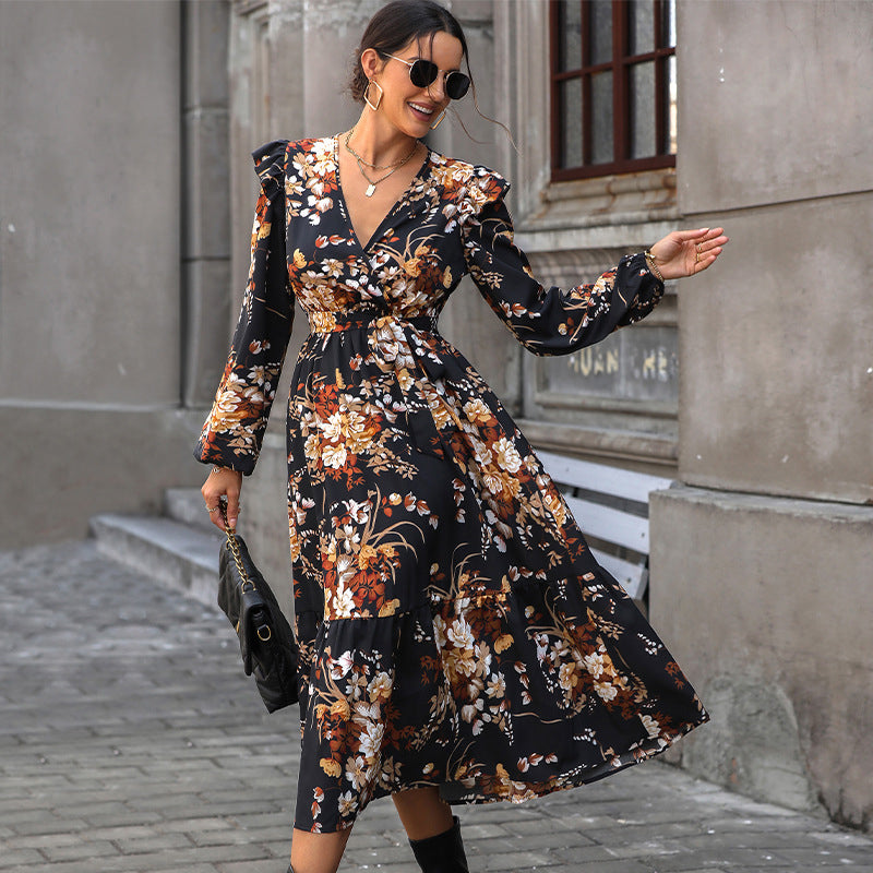 Black Floral Print Midi Fit and Flare Dress