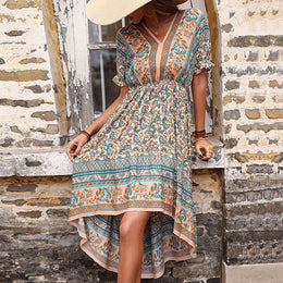 Beige Floral Print Cuffed Sleeves A-Line Dress