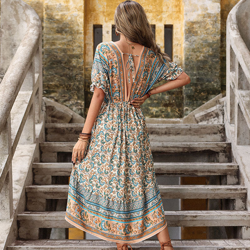 Beige Floral Print Cuffed Sleeves A-Line Dress