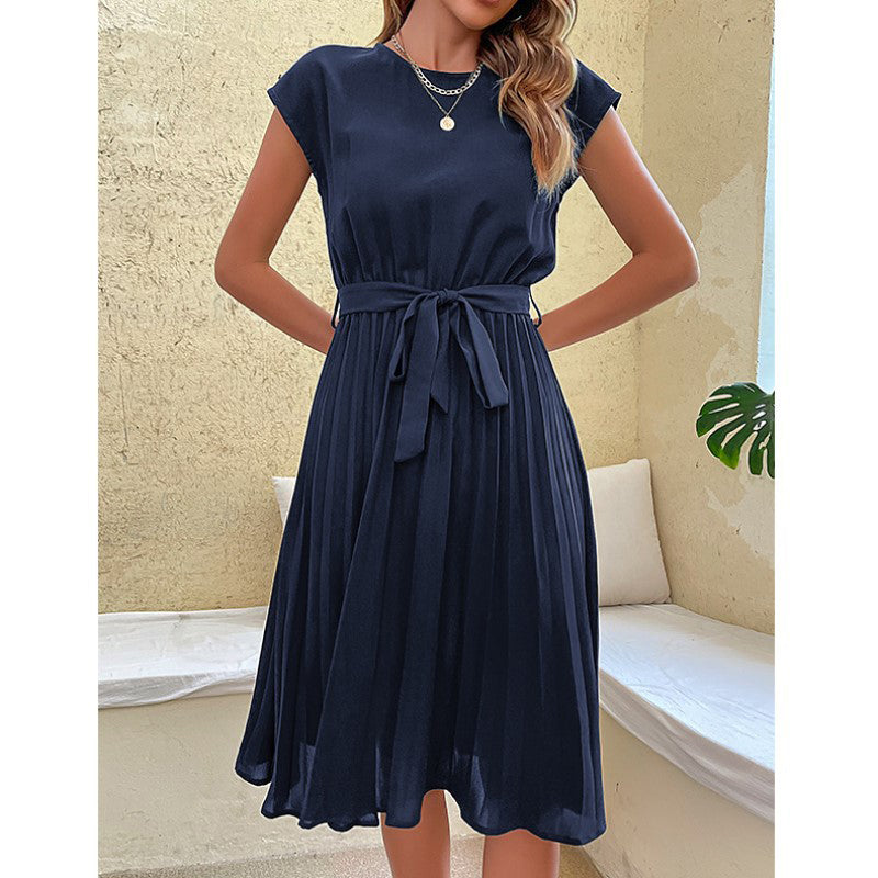Navy Blue Extended Sleeves Accordion Pleats A-Line Knee Length Dress