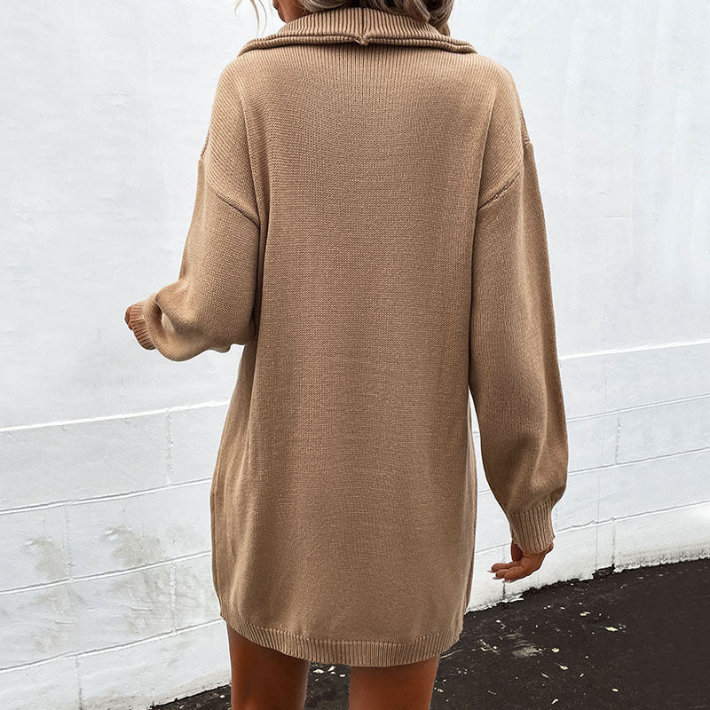 Khaki Shirt Collar Cuffed Sleeves Sweater Dress