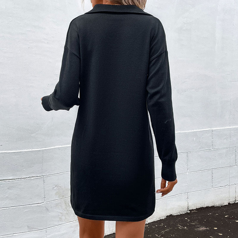 Black Shirt Collar Cuffed Sleeves Shirt Mini Dress