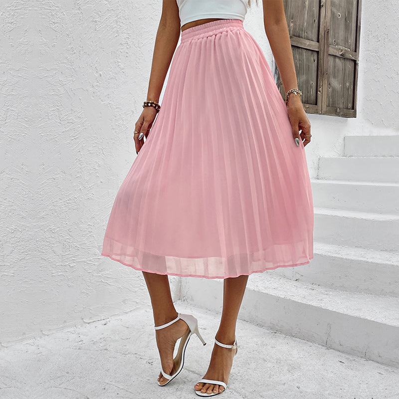 Pink Accordion Pleats Flared Midi Pleated Skirt