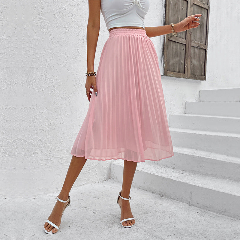 Pink Accordion Pleats Flared Midi Pleated Skirt