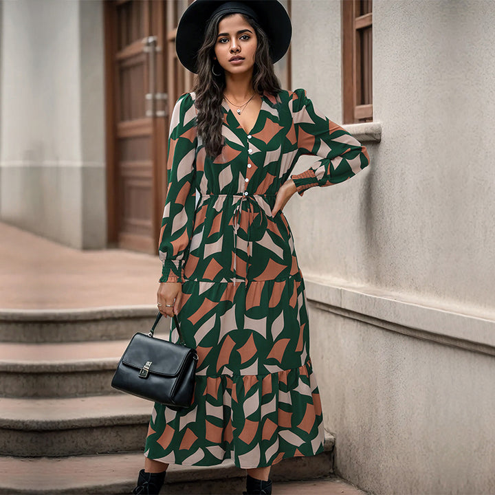 Green Geometric Printed Layered Fit & Flare Maxi Dress