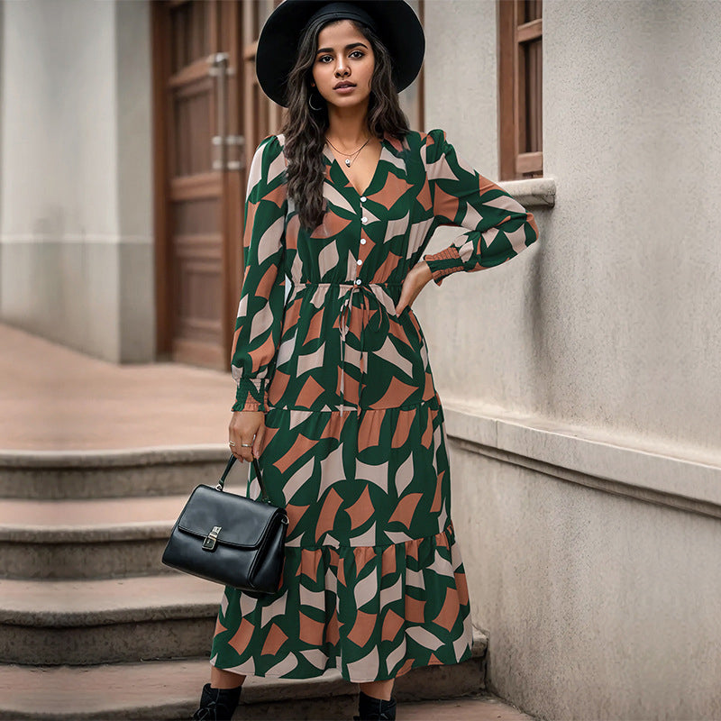 Green Geometric Printed Layered Fit & Flare Maxi Dress