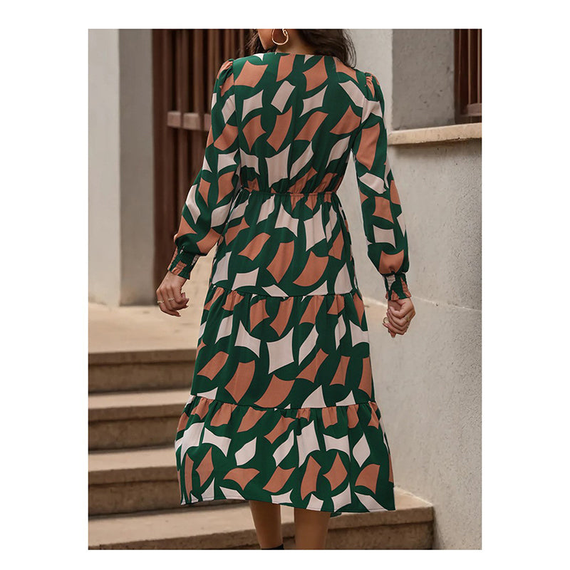Green Geometric Printed Layered Fit & Flare Maxi Dress