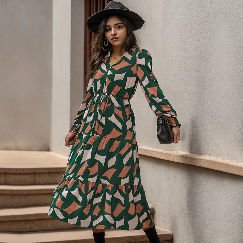 Green Geometric Printed Layered Fit & Flare Maxi Dress