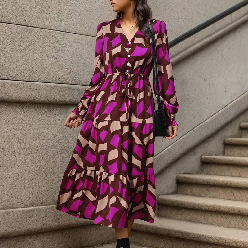 Fuchsia Abstract Printed Tie Up A-Line Midi Dress