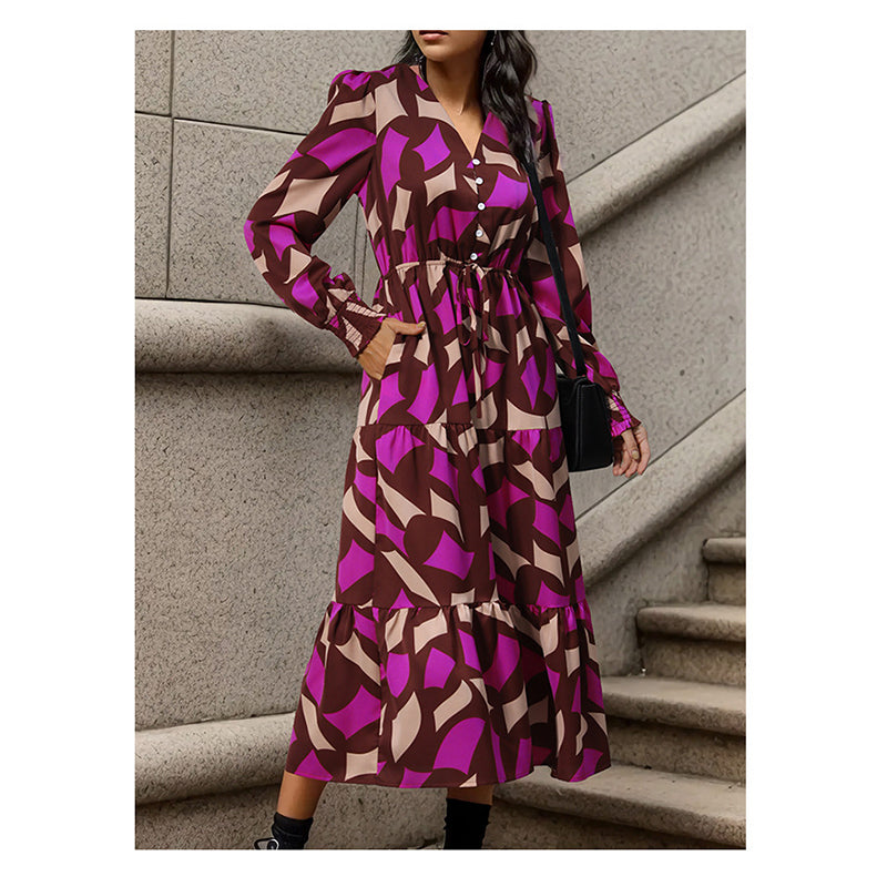 Fuchsia Abstract Printed Tie Up A-Line Midi Dress