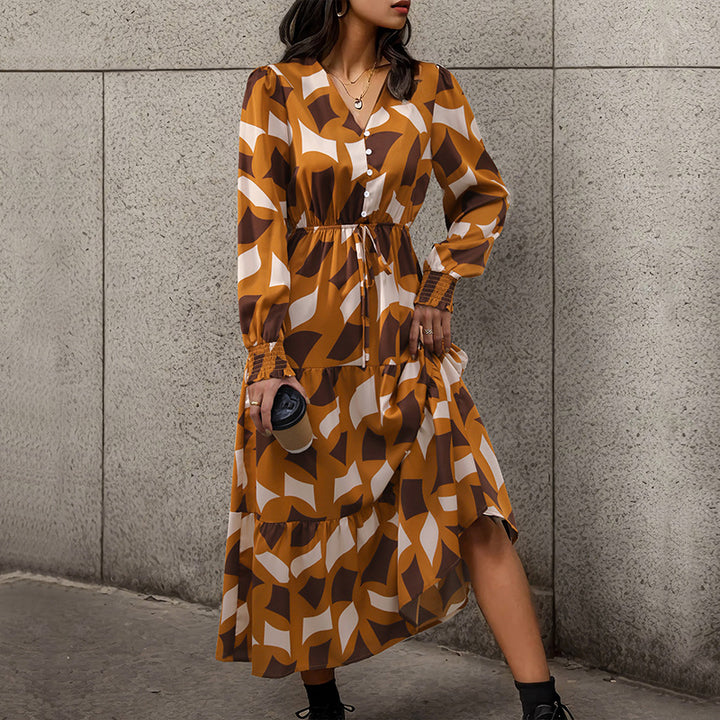 Yellow Abstract Printed Cuffed Sleeves Tiered Detail Midi Fit and Flare Dress