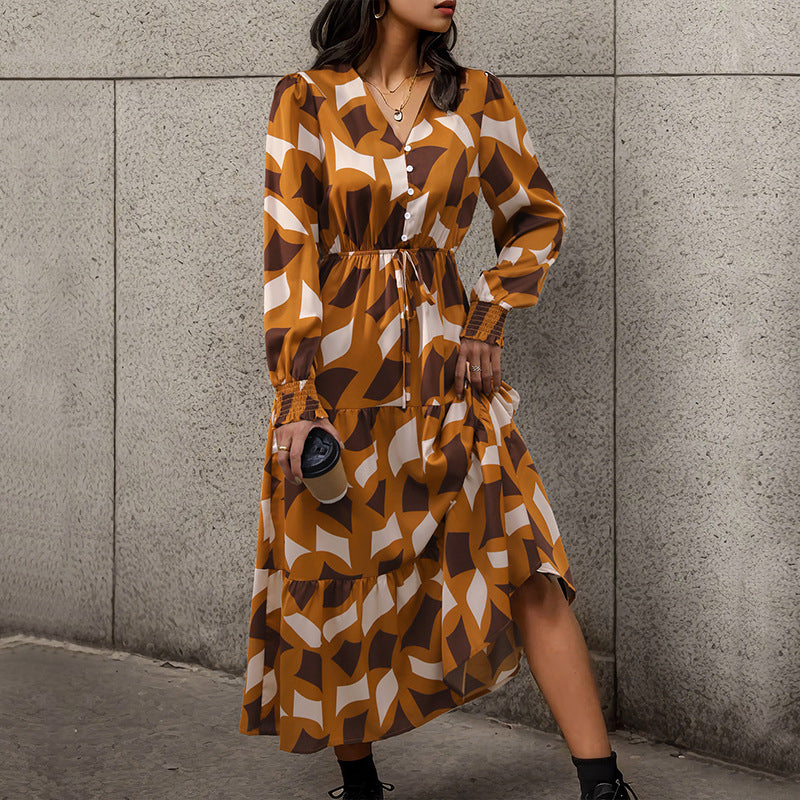 Yellow Abstract Printed Cuffed Sleeves Tiered Detail Midi Fit and Flare Dress