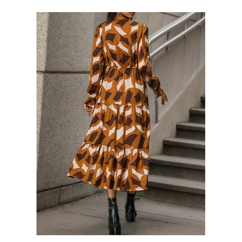 Yellow Abstract Printed Cuffed Sleeves Tiered Detail Midi Fit and Flare Dress