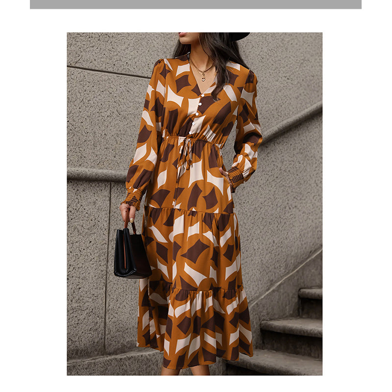 Yellow Abstract Printed Cuffed Sleeves Tiered Detail Midi Fit and Flare Dress