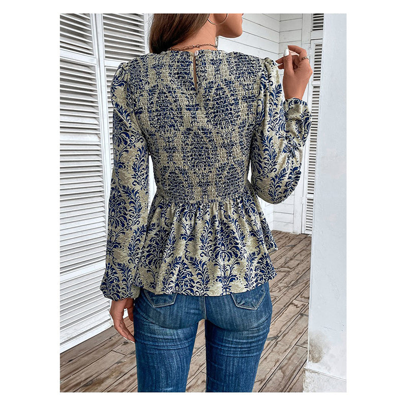Grey & Blue Ethnic Motifs Printed Smocked Regular Top